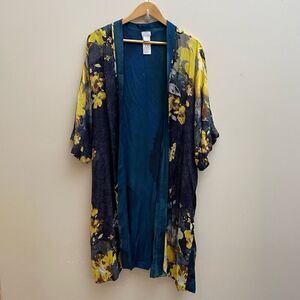 Chicos Open Front Duster Kimono Cardigan Womens L/XL Blue Yellow Floral